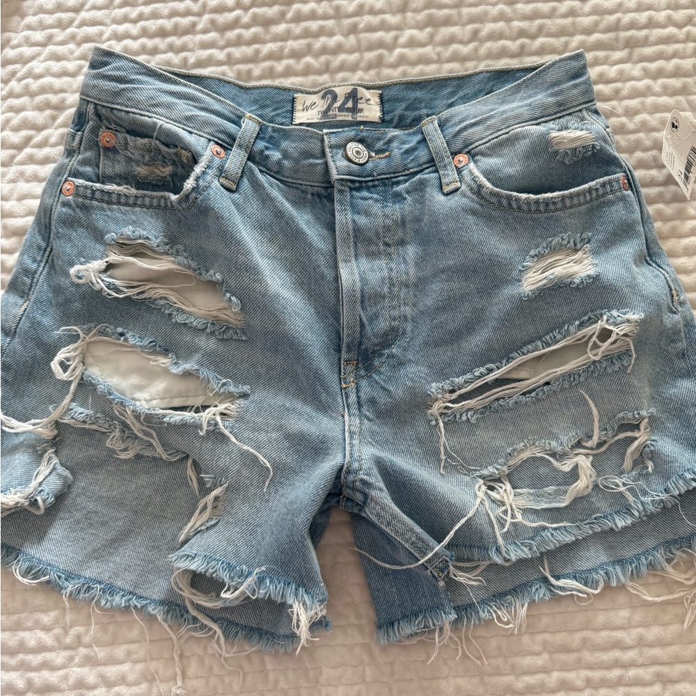 Distressed Light Blue Denim Shorts